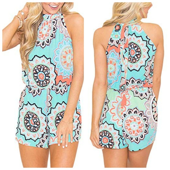 Pants - Light Blue Bohemian Sleeveless Shorts Romper